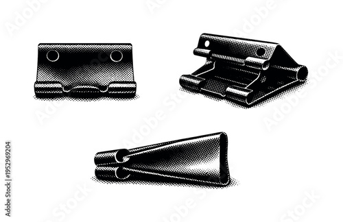 Binder clip without handles A metal binder clip body with wire handles removed, exposing hinge holes and spring tension shown closed, open, and side views as