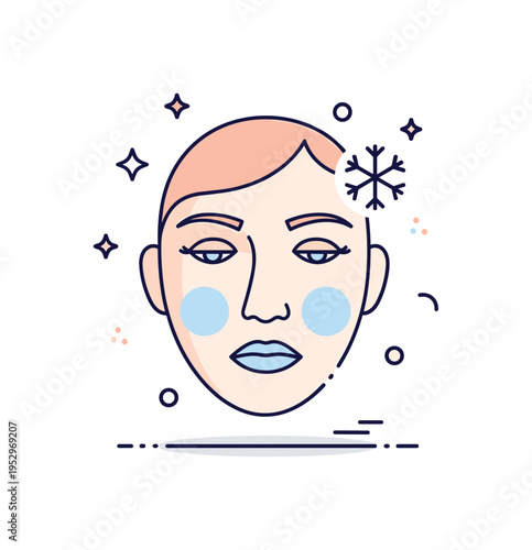 Cold exposure reaction illustrated through a face with slightly bluish undertone and a small snowflake accent, symbolizing lowered circulation and chilly