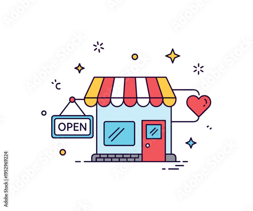 Local thrift store revival shown through a small storefront icon with a hanging open sign and a heart accent, symbolizing community support and renewed