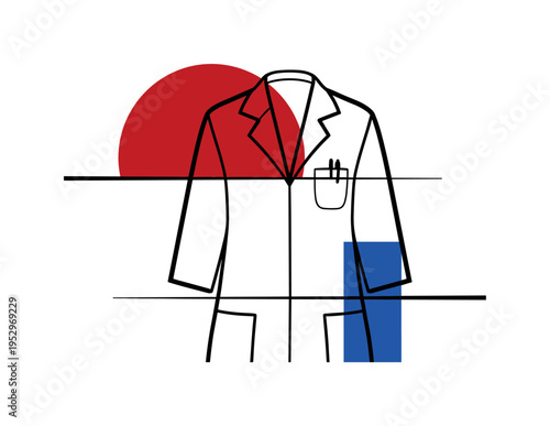 Black and white minimal front view of lab coat with exaggerated clean lines, oversized red semicircle anchoring the upper composition like a symbolic badge,