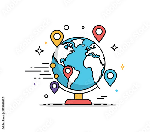 New venture market expansion theme with a globe icon accented by small location pins and dynamic motion lines suggesting outreach. The composition conveys