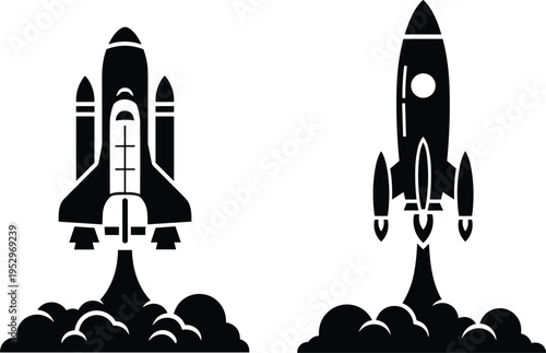 Rocket Launch Icon Silhouette Illustration — Space Shuttle Spacecraft Aerospace Engineering Futuristic Science Exploration and Cosmic Design Theme Artwork for Stock Art Success