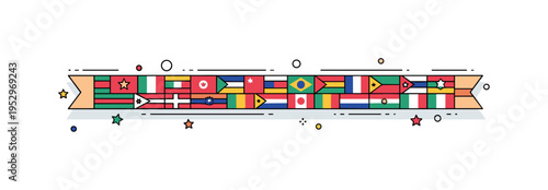 World nations banner horizontal ribbon displaying small stylized flag blocks aligned in geometric order, conveying diversity, diplomacy and international