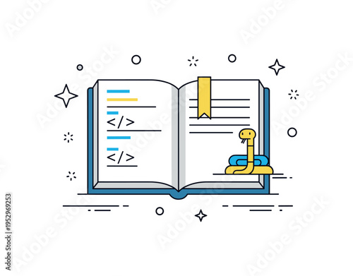 Python learning journey illustrated by an open book with simple code lines and a small snake bookmark, conveying study, practice, and beginner friendly