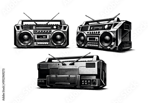 Retro futuristic boom box. A retro futuristic boom box shown as one object in three different views highlighting angular casing, integrated controls, and bold