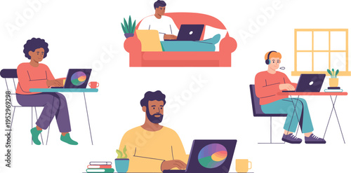 Remote workers utilize laptops while situated in various relaxed home.