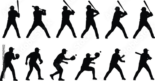 Baseball player silhouettes collection, professional athletes batting and catching poses set, sports icons isolated on white background, team player vector illustration