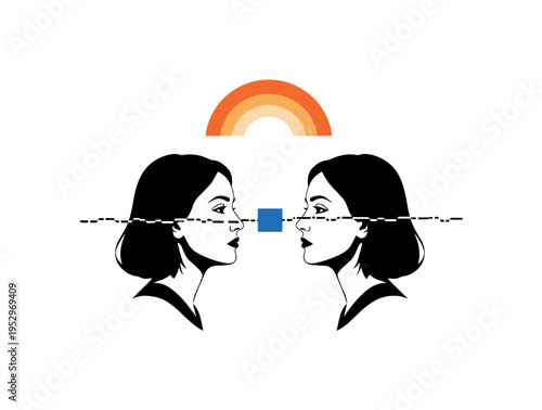 black and white side profiles of two friends once connected by a thin continuous line now broken, small blue square floating between them, orange arc above