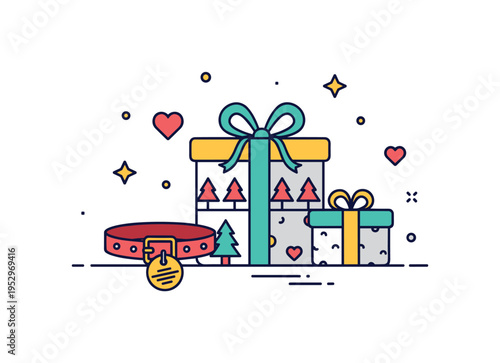 Holiday presents for pets centered on a festive wrapped package with a collar and tag placed neatly in front, expressing care, warmth, and seasonal gifting.