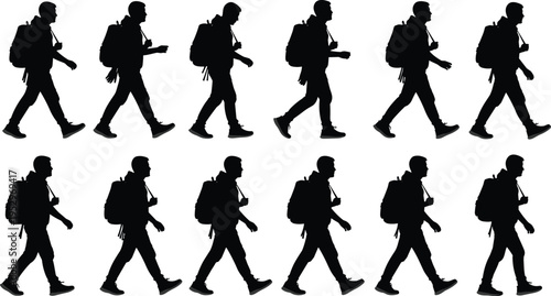 Black male hiker silhouette walking sequence side view with backpack and outdoor gear isolated on white background for adventure travel animation.