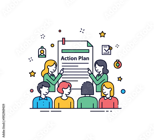 Staff meeting for curriculum alignment centered on a small group of teachers reviewing a document labeled Action Plan, symbolizing coordinated academic effort.