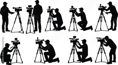 Black silhouette collection of professional cameramen and videographers operating movie cameras on tripods for television production and cinema media broadcasting industry.