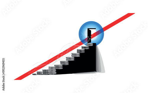 Black and white staircase transforming from coin stacks into minimalist open doorway at the top, bright blue circular halo framing the doorway, red diagonal