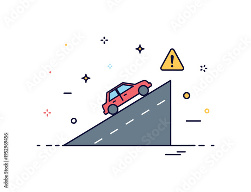 Road incline warning concept illustrated by a minimal road segment tilted upward with a small car climbing, symbolizing gradient and driving awareness. The
