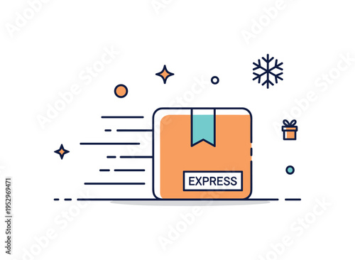 Festive gift delivery with a compact parcel marked Express and subtle motion lines suggesting fast seasonal shipping. A small snowflake icon reinforces the