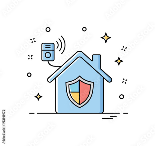 Automated security system house silhouette with shield icon and small motion sensor device emitting signal waves, representing protection and intelligent