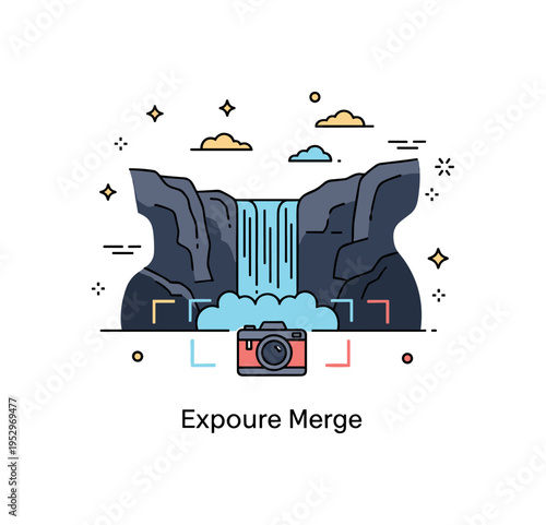 HDR photography waterfall landscape concept with a cascading water silhouette framed by bright sky and darker rock tones, subtle exposure brackets around a