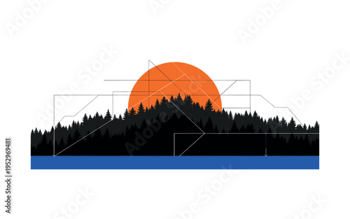 Black and white layered forest silhouettes creating depth effect, bright orange circular halo behind middle layer and blue horizontal equal bar grounding the