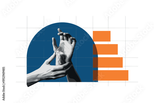 Black and white hands molding wax for candle making, large deep blue semicircle framing the motion, orange rectangular accents stacked vertically like layered
