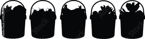 Vegetable basket icon set, fresh produce silhouettes, organic farm harvest containers, minimalist black 