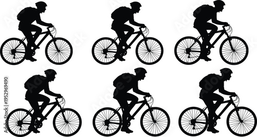 Black silhouette set of a male cyclist riding a mountain bike with a backpack for outdoor sports, fitness, and urban commuting.