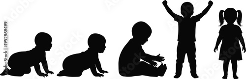 Black silhouette of baby crawling, toddler sitting, and young children standing, showing human growth, childhood development stages, and family life icons