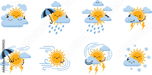 Cute Weather Icon Set with Sun, Clouds, Rain, Thunderstorm, Wind and Snow Cartoon Illustration for Forecast Design, Climate Symbols and Kids Friendly UI Collection