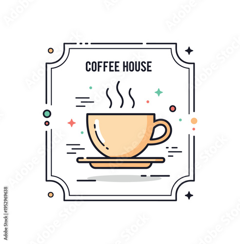 Classic coffee cup and saucer emblem built around a rounded cup with subtle steam lines and a decorative frame outline, symbolizing heritage branding and