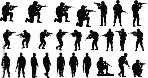 Military Soldiers Silhouettes Set with Army Infantry Warriors in Tactical Poses Carrying Rifles for Defense Warfare Combat and Special Forces Design