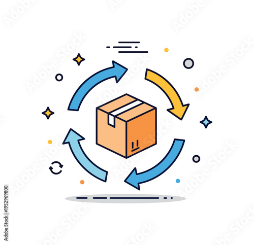 Circular economy packaging central box icon connected to recycle arrows forming a loop, symbolizing material reuse and responsible product life