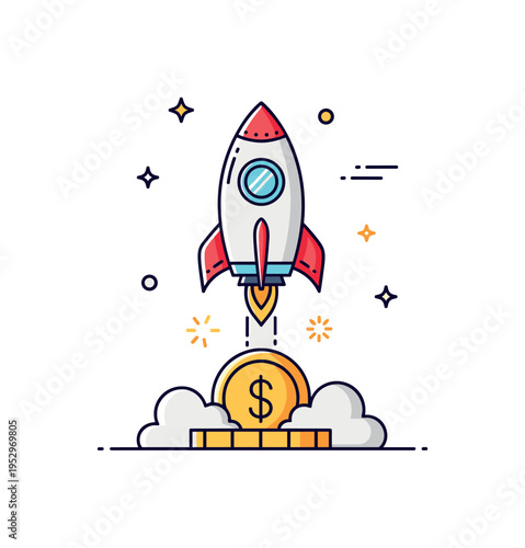 Entrepreneurial success rocket launching from a coin base with small spark accents, symbolizing rapid business growth and breakthrough revenue moments.