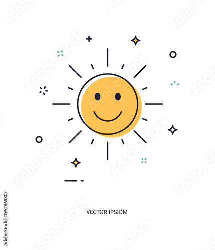 Good vibes concept smiling face icon surrounded by gentle radiating lines and tiny sparkles, conveying optimism and uplifting energy. Minimalist flat vector
