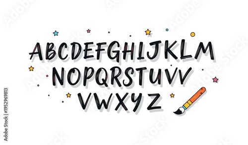 Modern brush lettering alphabet featuring bold script letters with visible stroke contrast and a simple brush icon, conveying creativity, rhythm, and