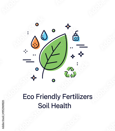 Eco friendly fertilizers plant nutrition badge featuring a green leaf combined with small nutrient droplet icons, symbolizing balanced feeding without harmful