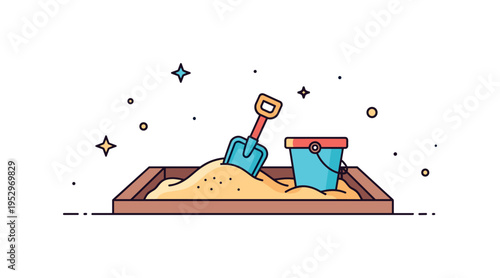 Sand pit playground scene featuring a small shovel and bucket beside a shallow sandbox depression, conveying childhood play, creativity, and outdoor fun. A