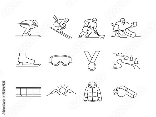 Snow and Ice Competitive Sports. Minimalistic set one-line drawing speed skier tuck position, freestyle ski jump, hockey player shooting puck, goalie blocking
