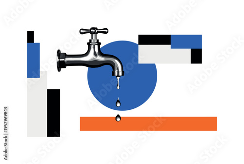 Black and white faucet with single droplet falling, bold blue circular halo behind the droplet, orange horizontal bar grounding composition, abstract minimal