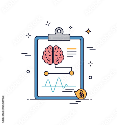 Clinical hypnotherapy consultation concept shown by a minimal clipboard with brain icon and soft wave lines, symbolizing structured therapeutic process and