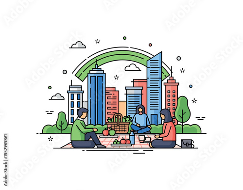 Urban green space social meetup illustration with a compact picnic setup including a basket and fruit, surrounded by seated figures and framed by a stylized