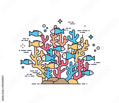 Marine biodiversity reef scene built around multiple small fish icons swimming among branching coral shapes, conveying ecological interdependence and