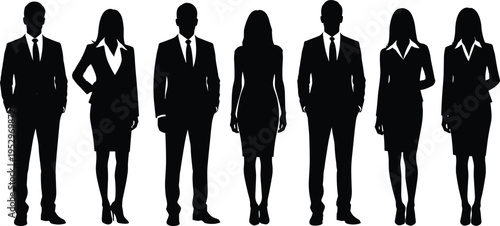 Black silhouette of business people group, professional men and women in suits standing, corporate team collection, flavector isolated human figures.