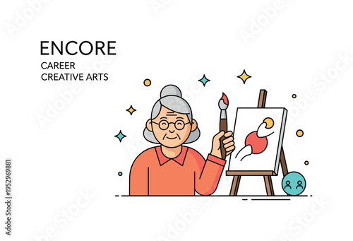 Encore career in creative arts featuring a mature individual with paintbrush and canvas representing self expression and lifelong creativity. Gentle sparkle
