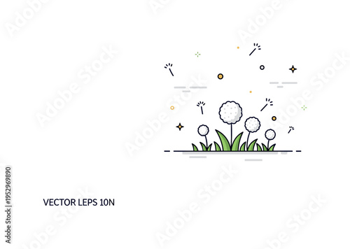 Spring dandelion field small patch of white puffball flowers scattered across a simple grassy base, expressing renewal and gentle countryside atmosphere.