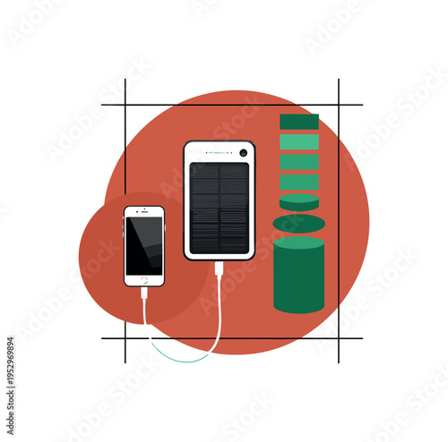 Black and white portable solar charger connected to smartphone, bold terracotta circle anchoring composition, emerald green abstract cylinders stacked like