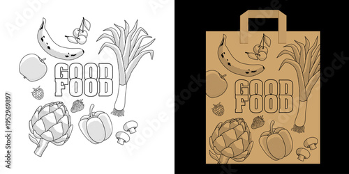 Ensemble de dessins de légumes et de fruits pour décorer les emballages d’une épicerie ou d’un supermarché - artichaut, poireau, poivron, champignon, banane, cerise, pomme, fraise, framboise.