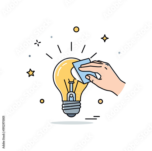 Reviving forgotten idea concept illustrated by a slightly dim bulb being wiped clean to glow brightly again, symbolizing rediscovery, persistence, and second