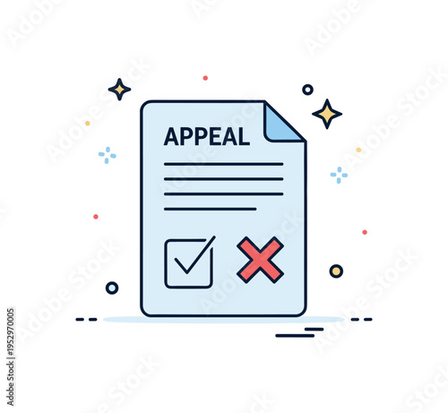 Appeal or dismissal ruling concept with a paper document featuring either a check or cross symbol symbolizing case resolution and judicial outcome. Subtle