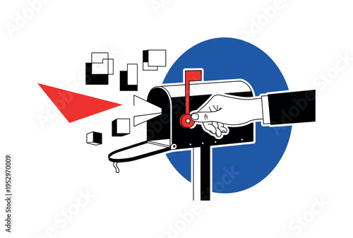 Black and white hand opening a mailbox revealing nothing inside, bold cobalt blue circular halo behind the hand, red triangle accent indicating anticipation,