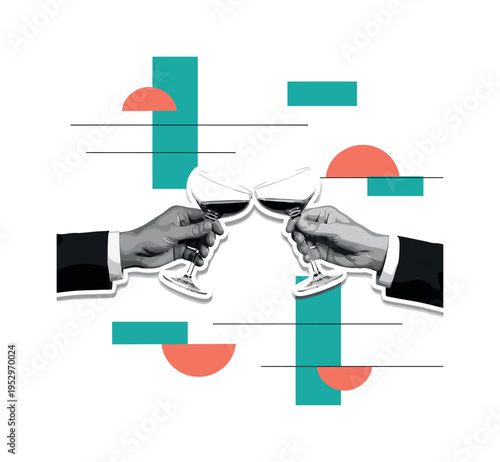 Black and white hands clinking glasses in celebration, realistic retro texture, floating geometric rectangles and overlapping semicircles in teal and coral,