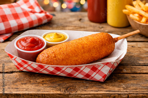 Corn dog with ketchup and mustard on wooden table
